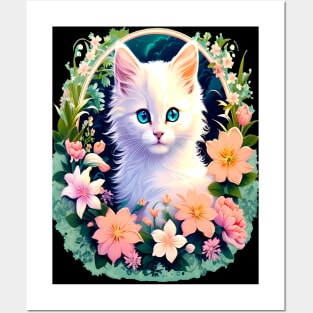 Beautiful White Kitten Surrounded by Spring Flowers Posters and Art